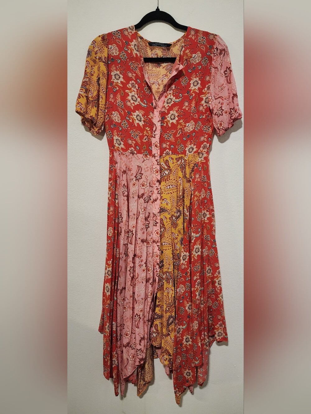 ZARA Paisley Patchwork Floral Midi Dress in Pink, Red & Yellow - M